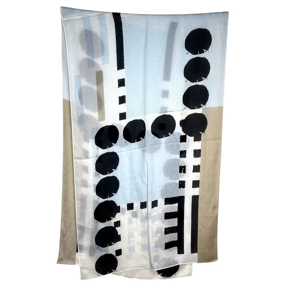 Bold Graphic Abstract Printed Scarf Shawl Wrap Natural Fiber Semi-Sheer Black